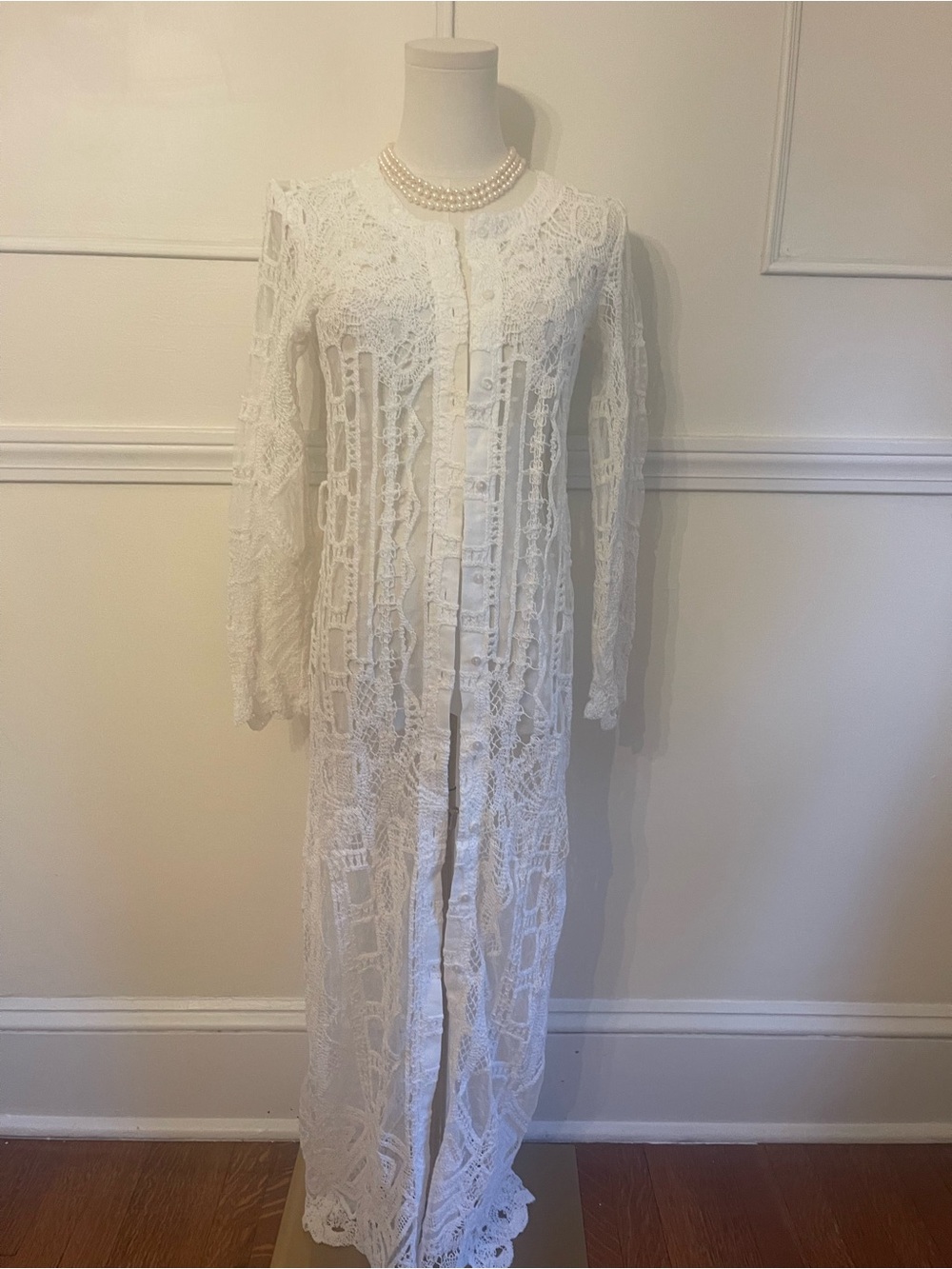 Boston Proper White Crochet Longline Coatigan